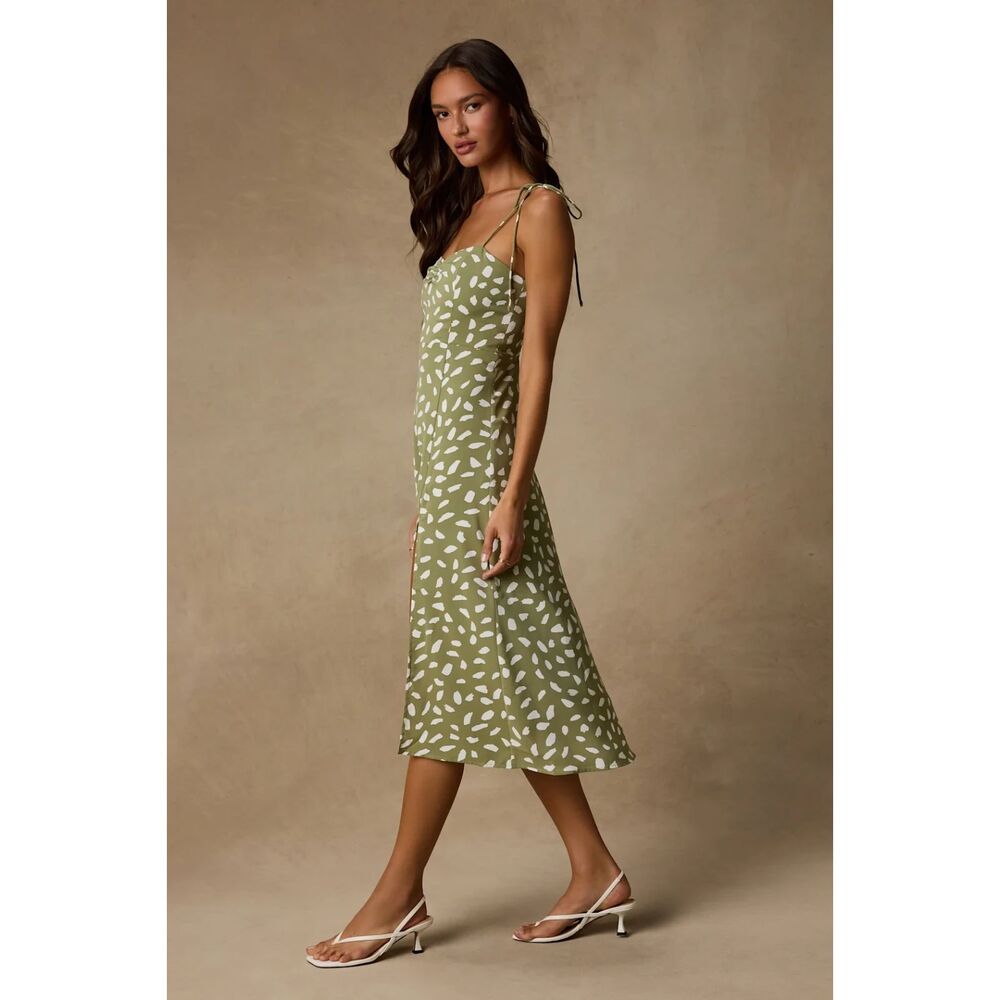 Lulus Party in Paris Sage Green Print Tie-Strap Midi Dress Size XS - Picture 7 of 12